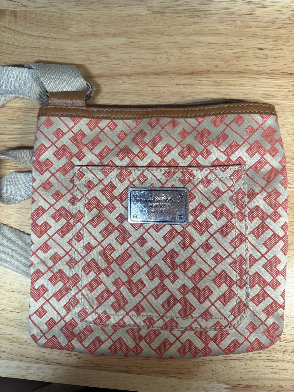 Tommy Hilfiger Coral Pattern Messenger Bag with Cream Strap